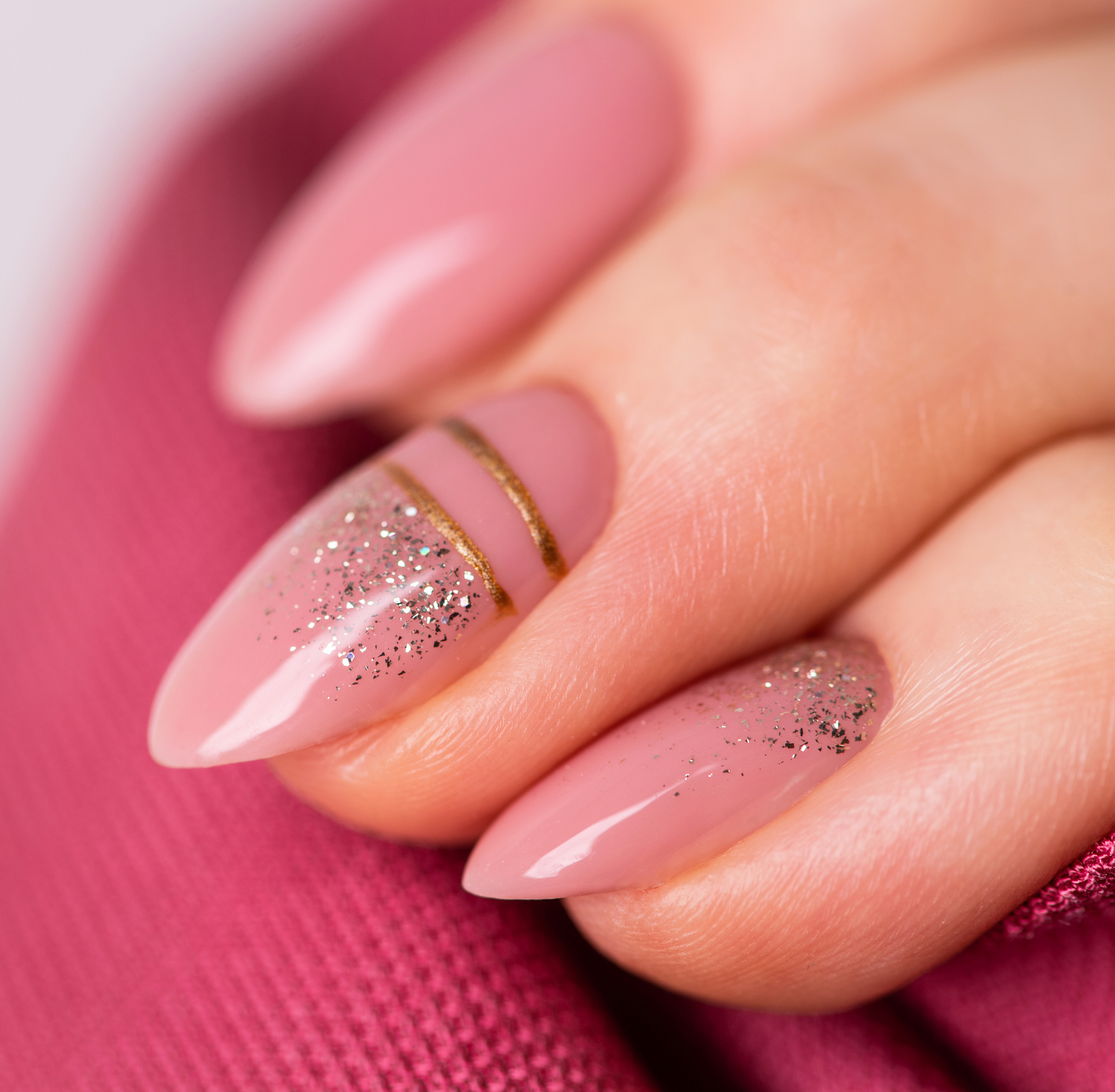 Nails Design. Hands With Bright Nude Manicure On Grey Background. Close Up Of Female Hands. Art Nail.